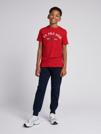 Boys Signature Arch Print T-Shirt in Haute Red