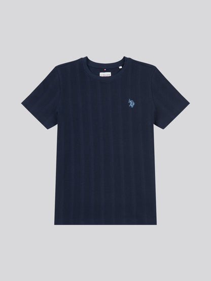 Boys Vertical Stripe Textured T-Shirt in Dark Sapphire Navy / Moonlight Blue DHM