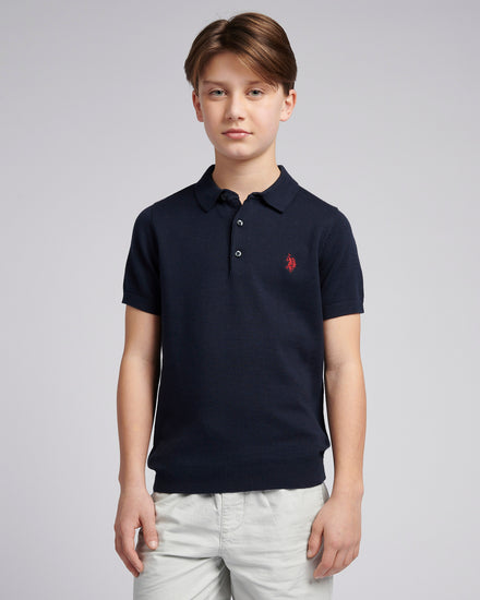 Boys Combed Cotton Polo Shirt in Dark Sapphire Navy / Haute Red DHM