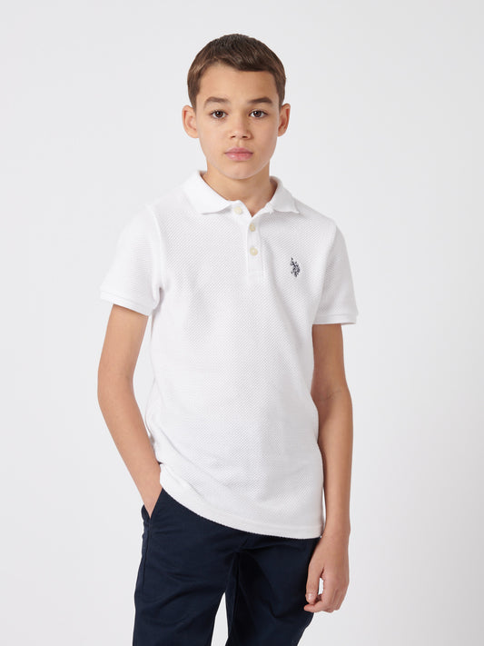 Boys Texture Double Horsemen Polo Shirt in Bright White