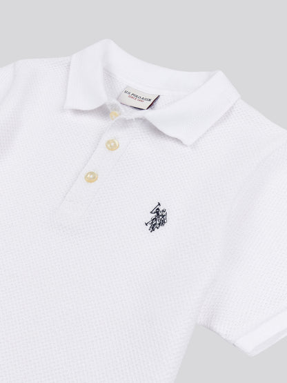 Boys Texture Double Horsemen Polo Shirt in Bright White