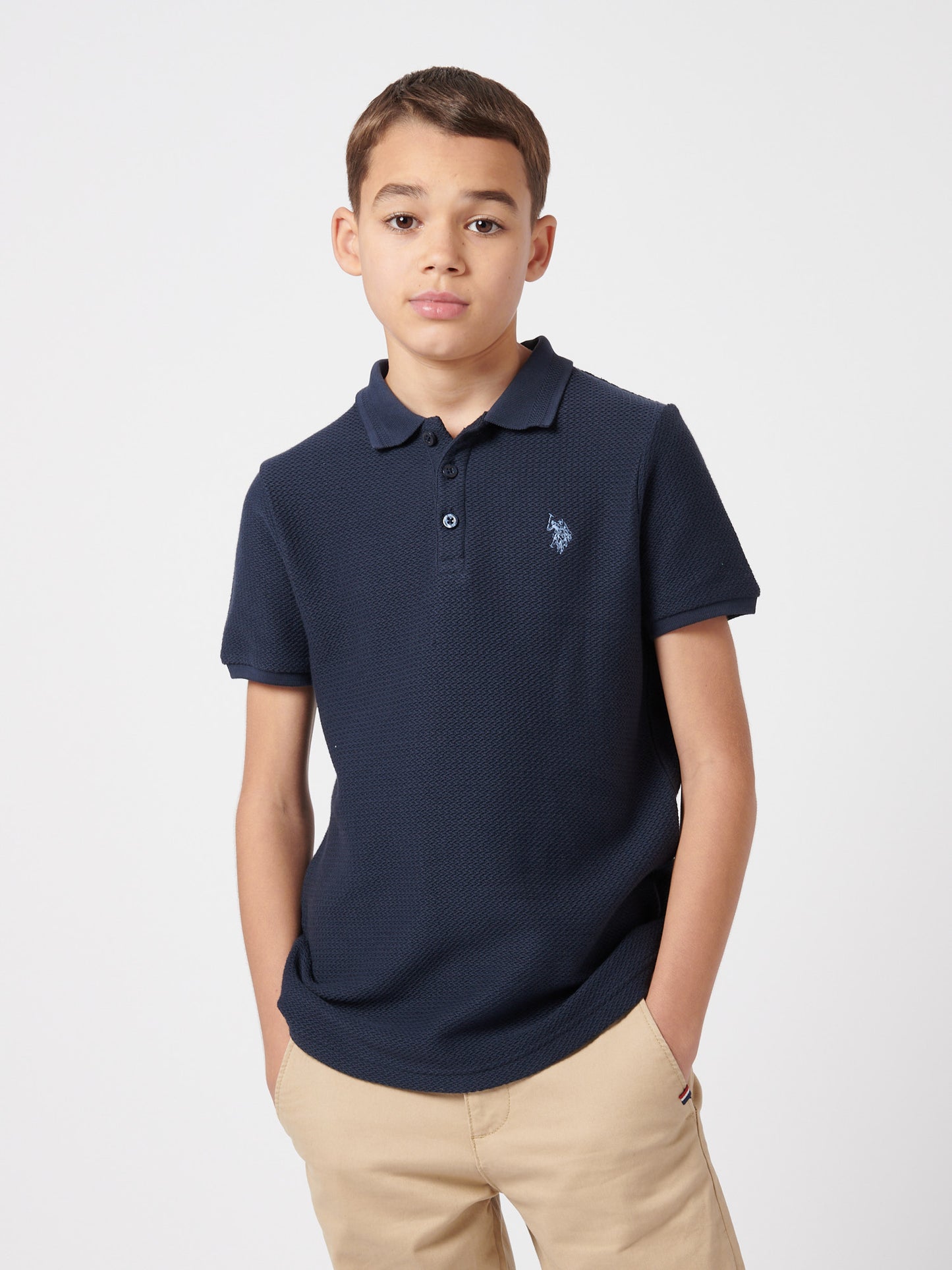 Boys Texture Double Horsemen Polo Shirt Dark Sapphire Navy