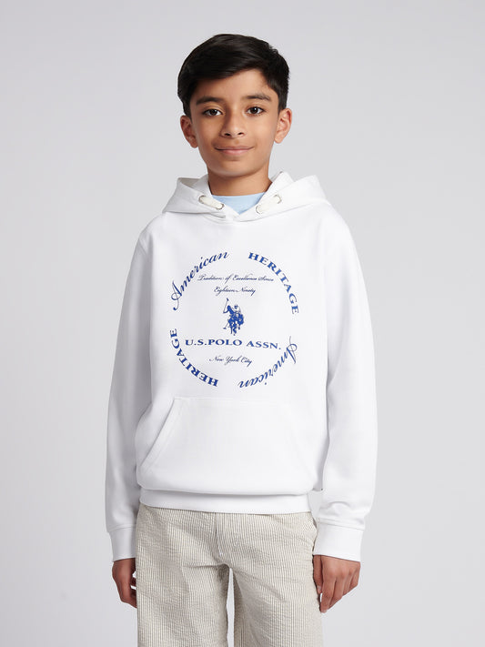 Boys Premium Print Interlock Hoodie in Bright White
