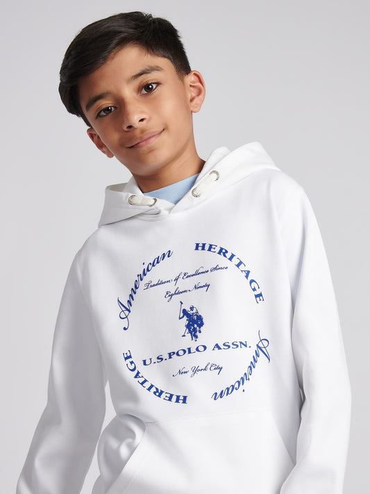 Boys Premium Print Interlock Hoodie in Bright White