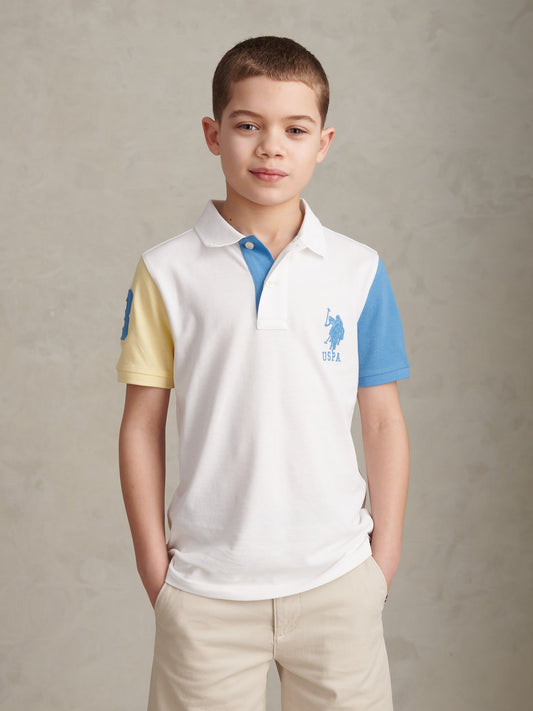 Boys Player 3 Colour Block Pique Polo Shirt Bright White