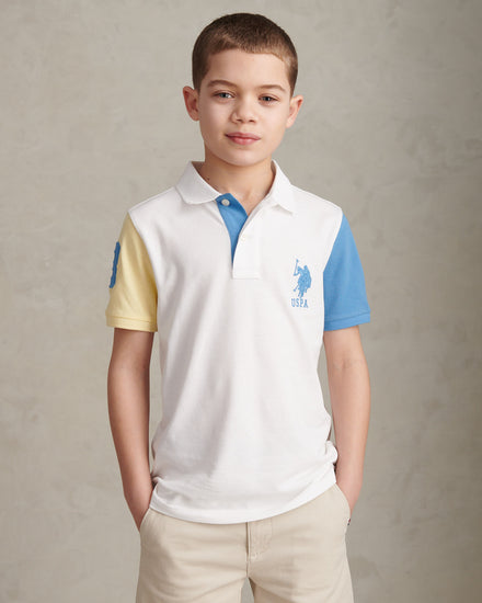 Boys Player 3 Colour Block Pique Polo Shirt Bright White