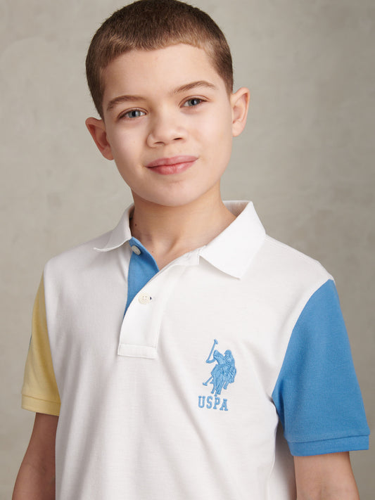 Boys Player 3 Colour Block Pique Polo Shirt Bright White