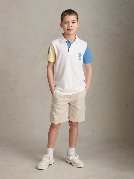 Boys Player 3 Colour Block Pique Polo Shirt Bright White