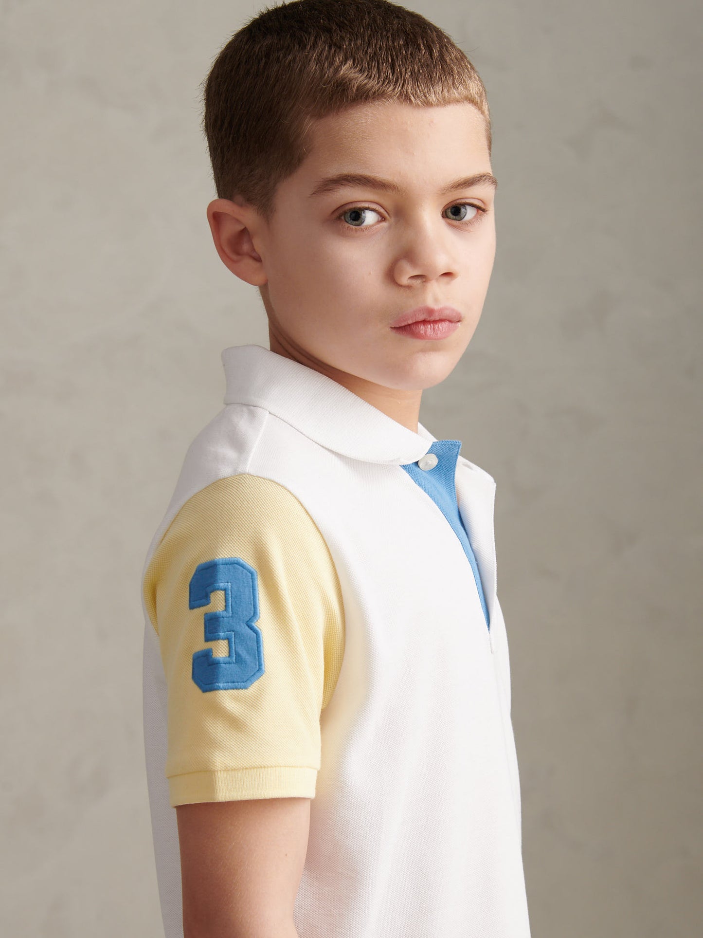 Boys Player 3 Colour Block Pique Polo Shirt Bright White