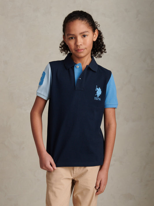 Boys Player 3 Colour Block Pique Polo Shirt Dark Sapphire Navy