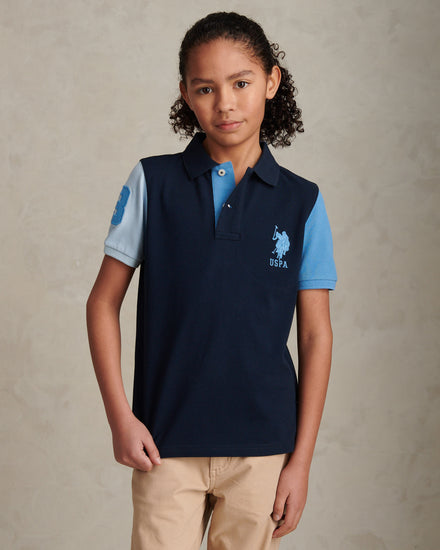 Boys Player 3 Colour Block Pique Polo Shirt Dark Sapphire Navy