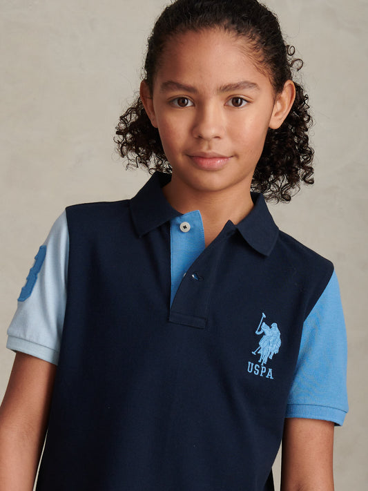 Boys Player 3 Colour Block Pique Polo Shirt Dark Sapphire Navy