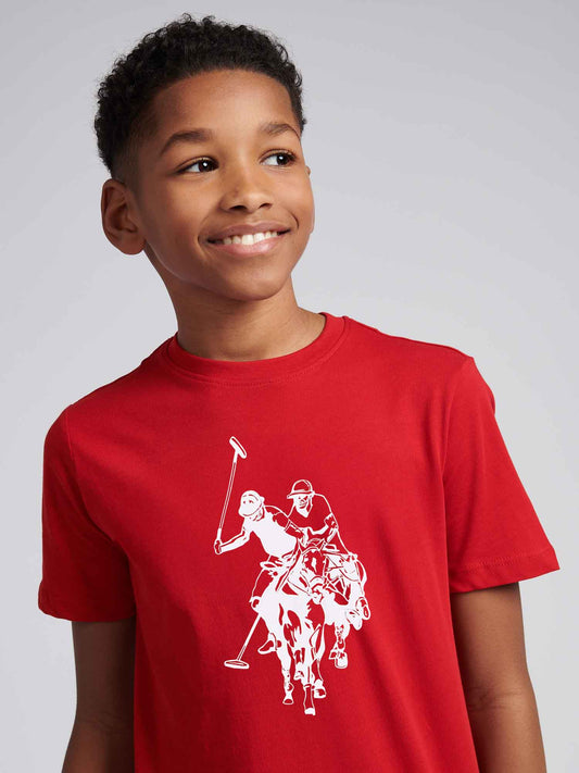 Boys Double Horsemen Graphic T-Shirt in Haute Red
