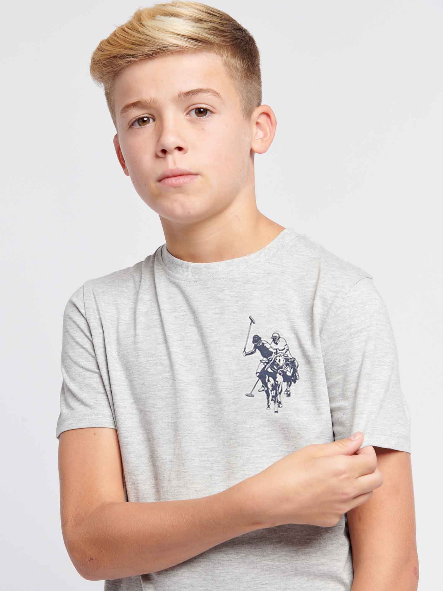 Boys Large Double Horsemen Graphic T-Shirt in Mid Grey Marl