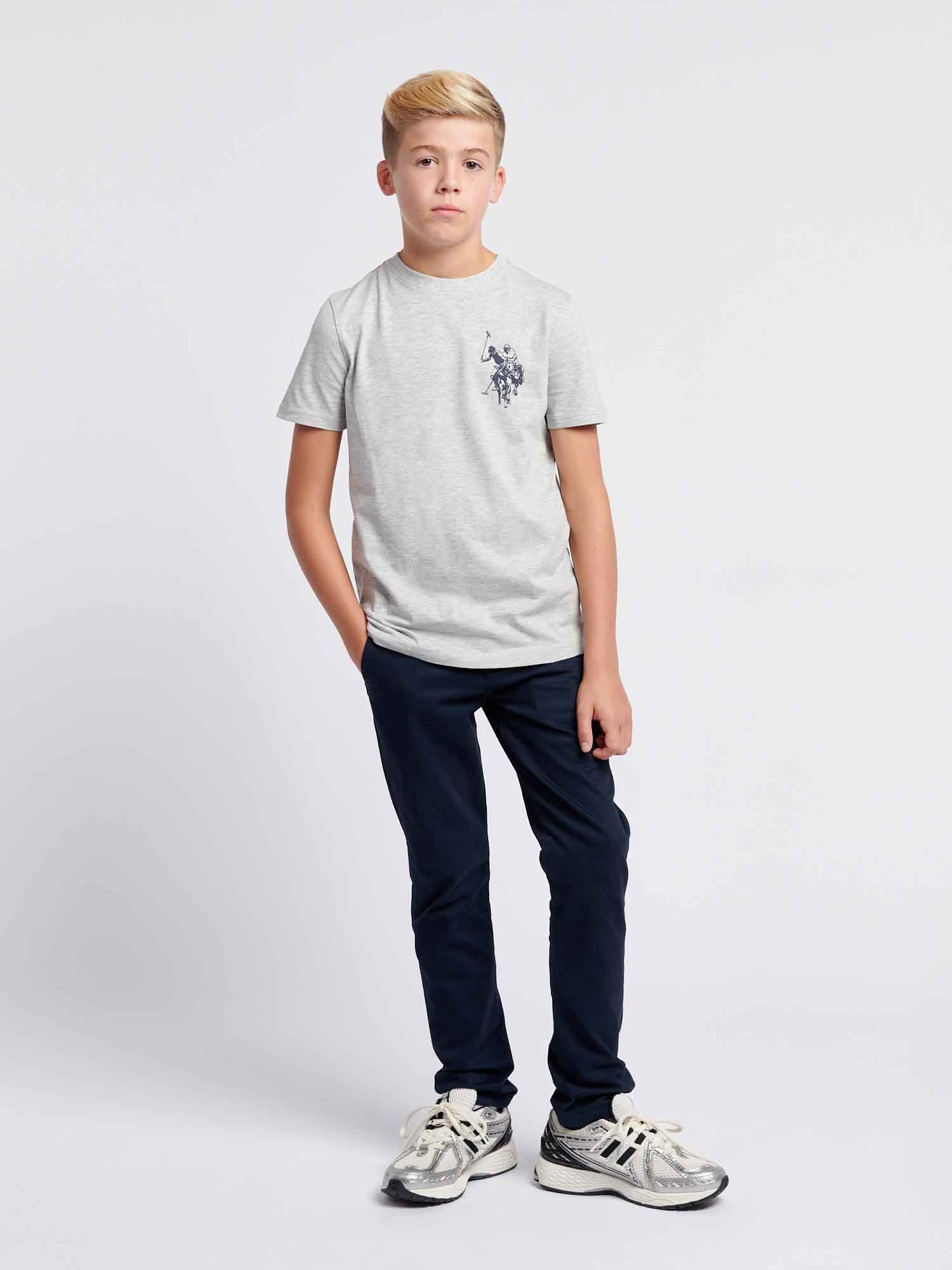 Boys Large Double Horsemen Graphic T-Shirt in Mid Grey Marl