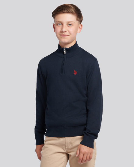 Boys Knitted Cotton Rich 1/4 Zip Dark Sapphire Navy / Haute Red DHM
