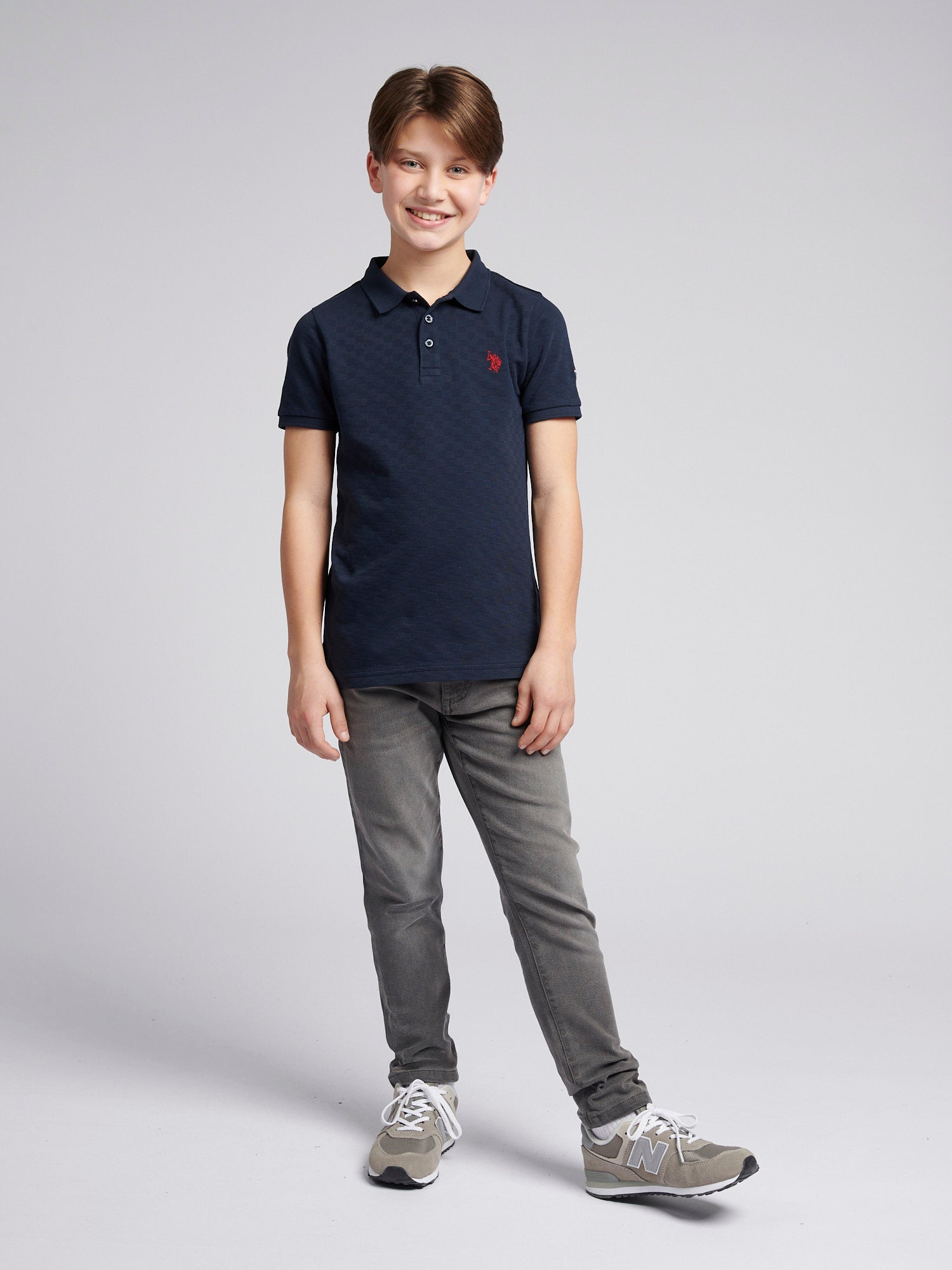 Boys Check Texture Polo Shirt in Dark Sapphire Navy / Haute Red DHM