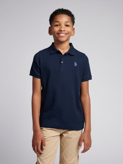 Boys Vertical Texture Polo Shirt in Dark Sapphire Navy / Moonlight Blue DHM