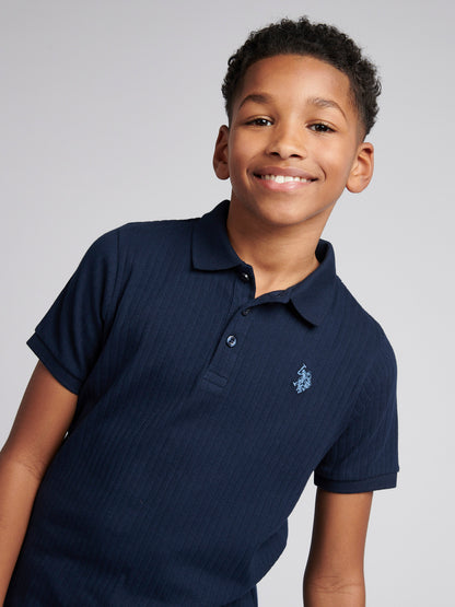 Boys Vertical Texture Polo Shirt in Dark Sapphire Navy / Moonlight Blue DHM