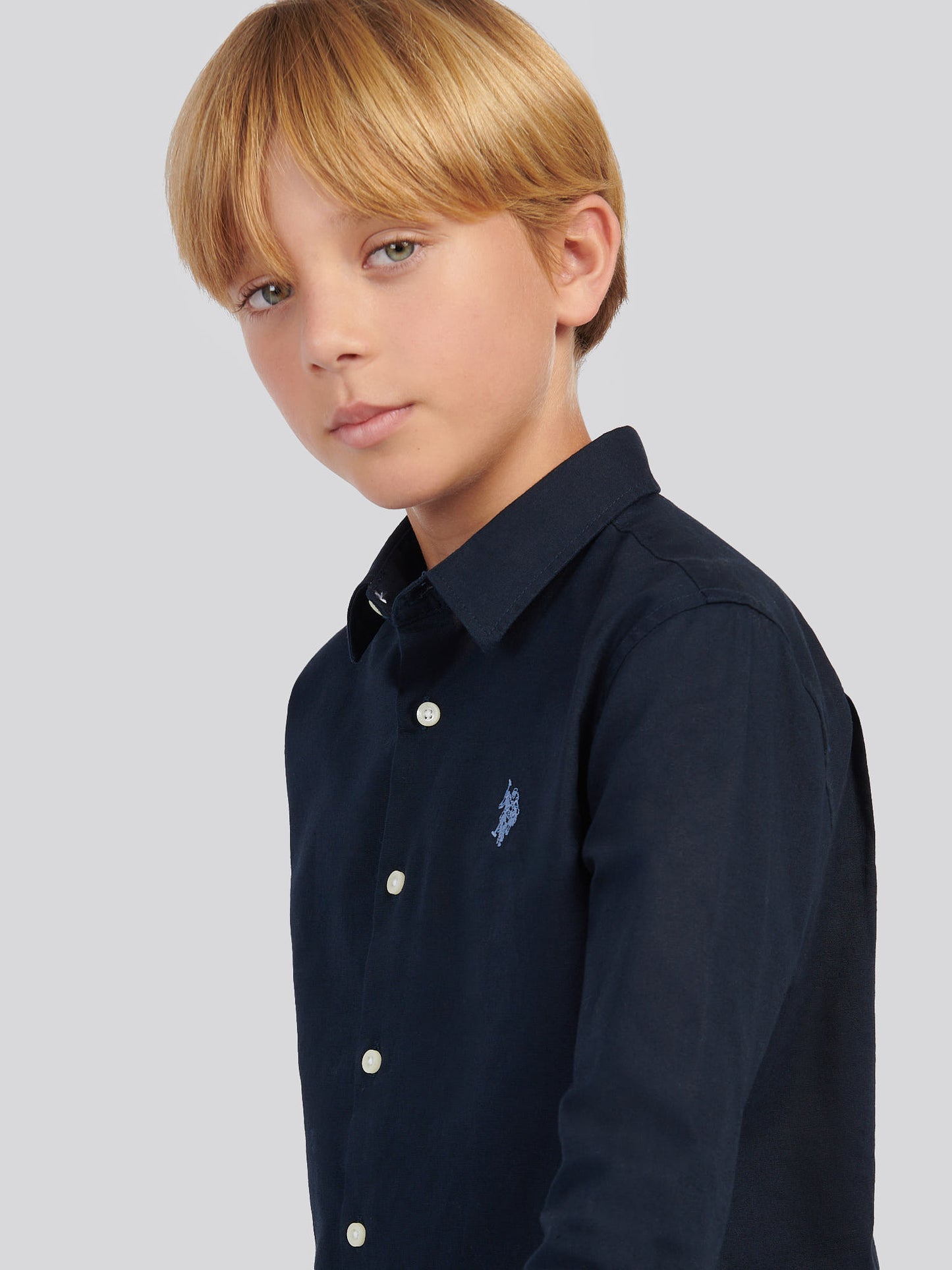 Boys Linen Blend Shirt in Dark Sapphire Navy / Moonlight Blue DHM