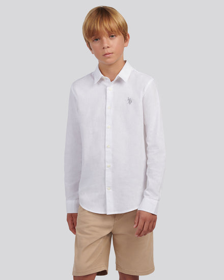 Boys Linen Blend Shirt in Bright White / Harbour Mist
