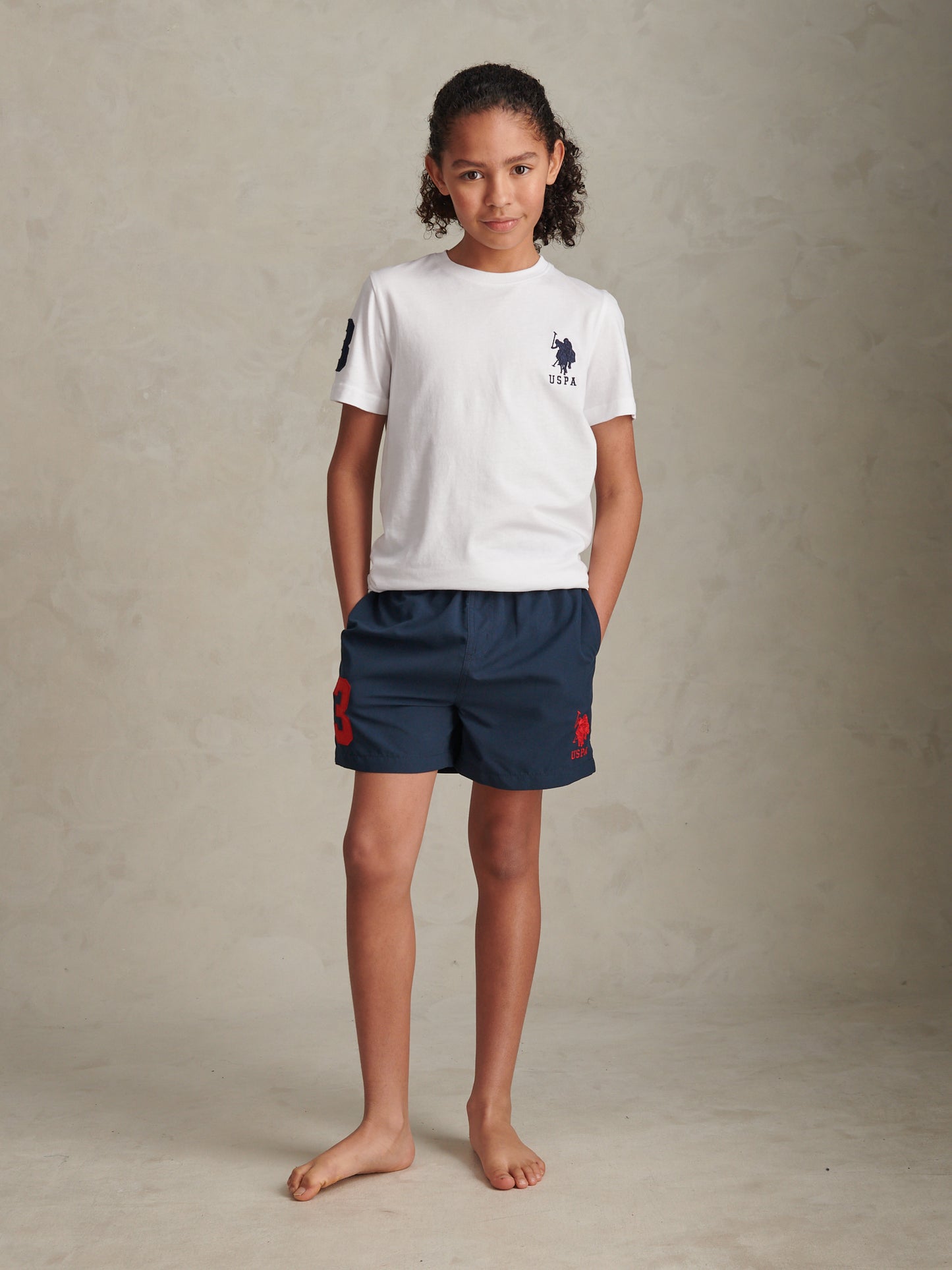 Boys Player 3 Swim Shorts Dark Sapphire Navy / Haute Red DHM
