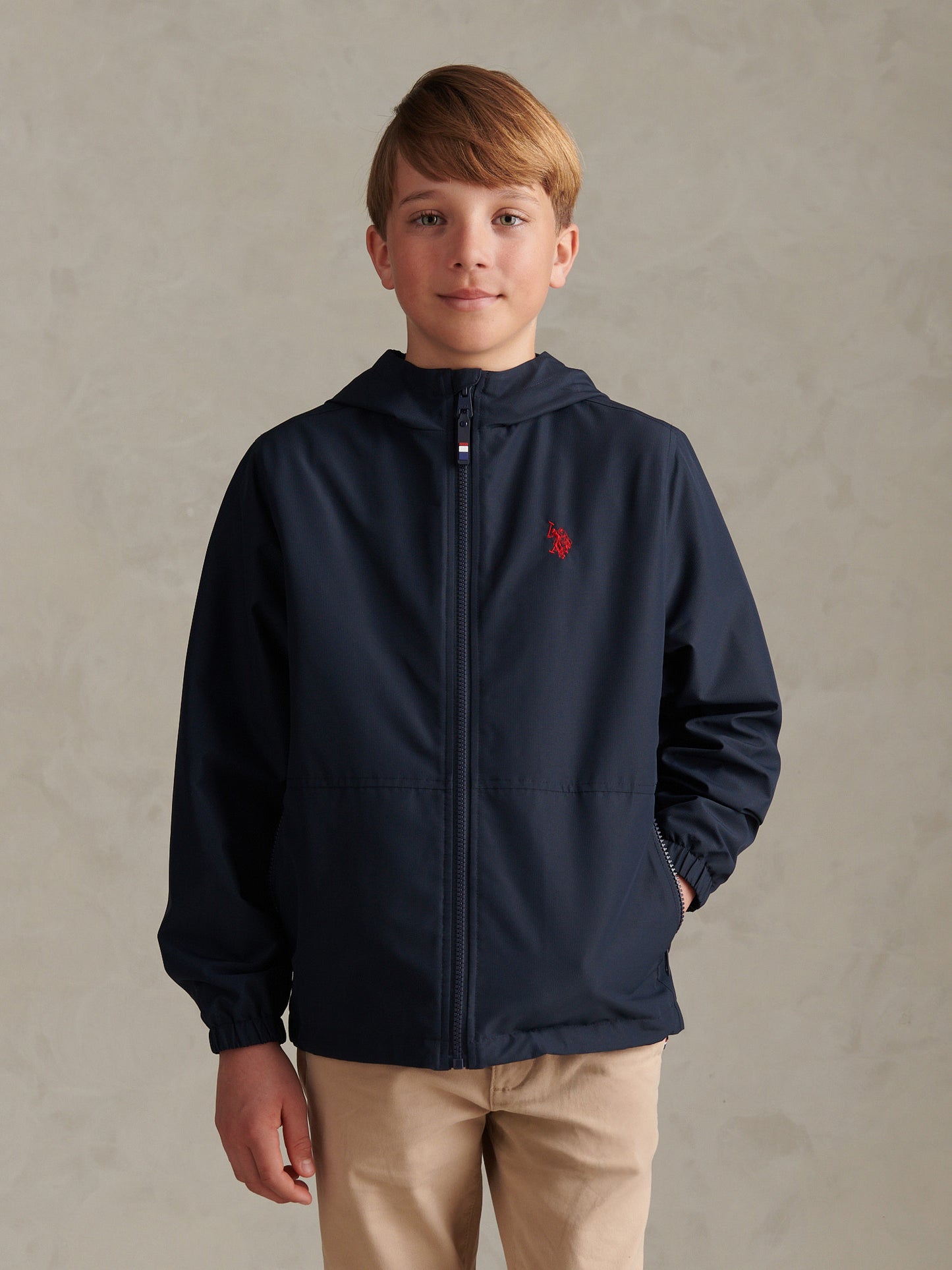 Boys Mesh Lined Hooded Windbreaker Dark Sapphire Navy / Haute Red DHM