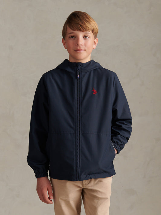 Boys Mesh Lined Hooded Windbreaker Dark Sapphire Navy / Haute Red DHM