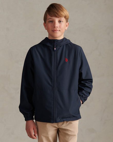 Boys Mesh Lined Hooded Windbreaker Dark Sapphire Navy / Haute Red DHM