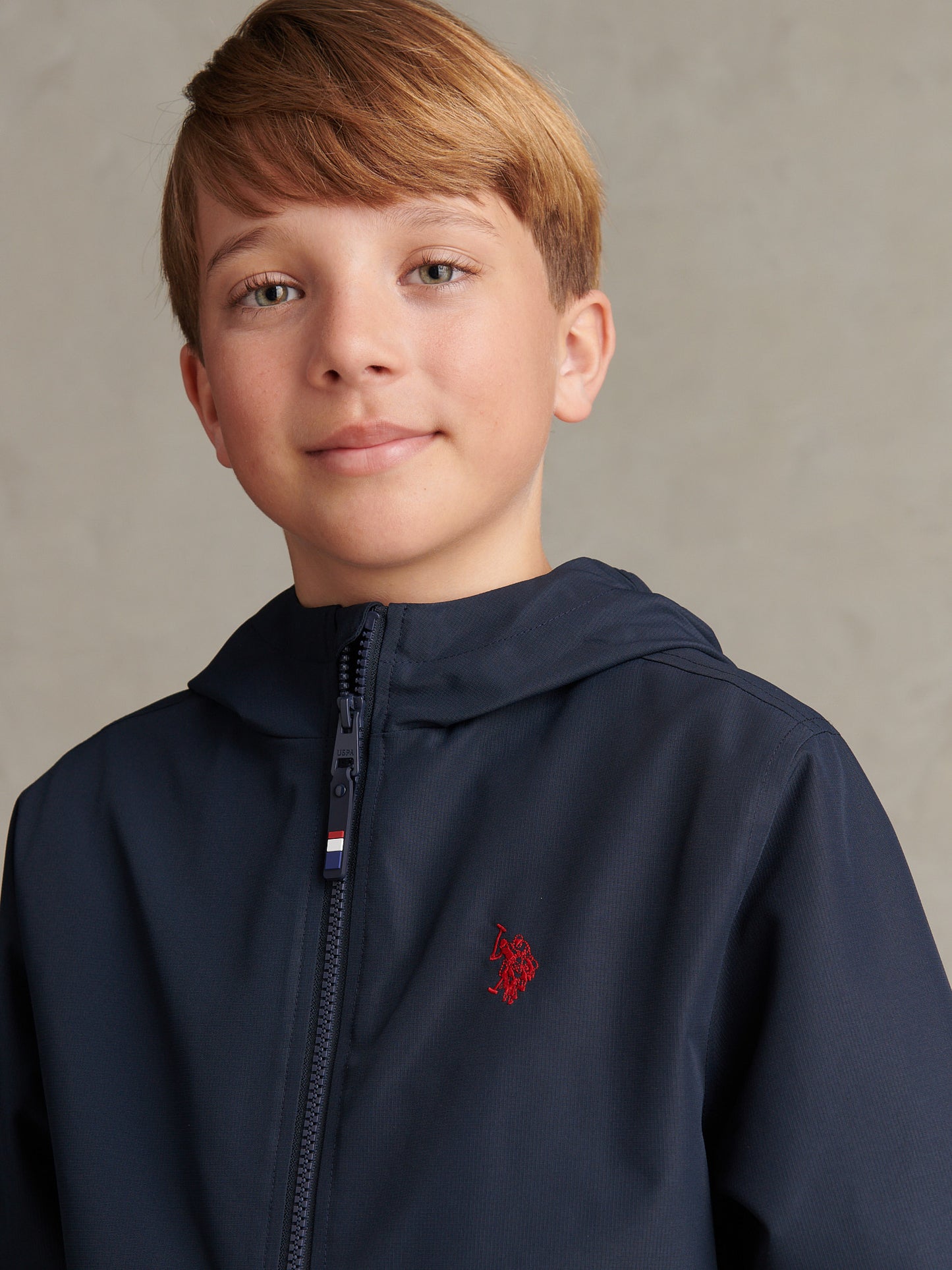 Boys Mesh Lined Hooded Windbreaker Dark Sapphire Navy / Haute Red DHM