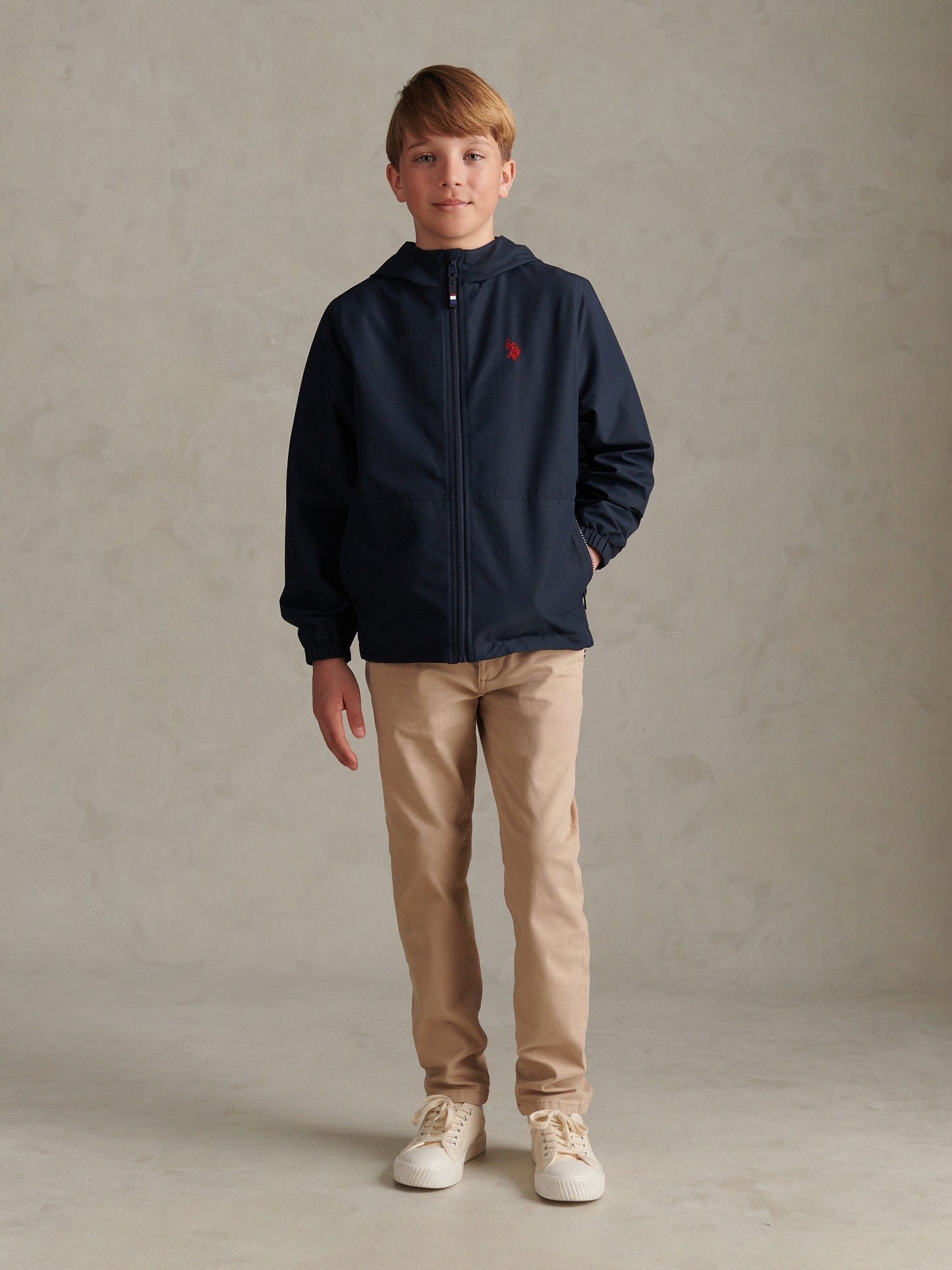 Boys Mesh Lined Hooded Windbreaker Dark Sapphire Navy / Haute Red DHM