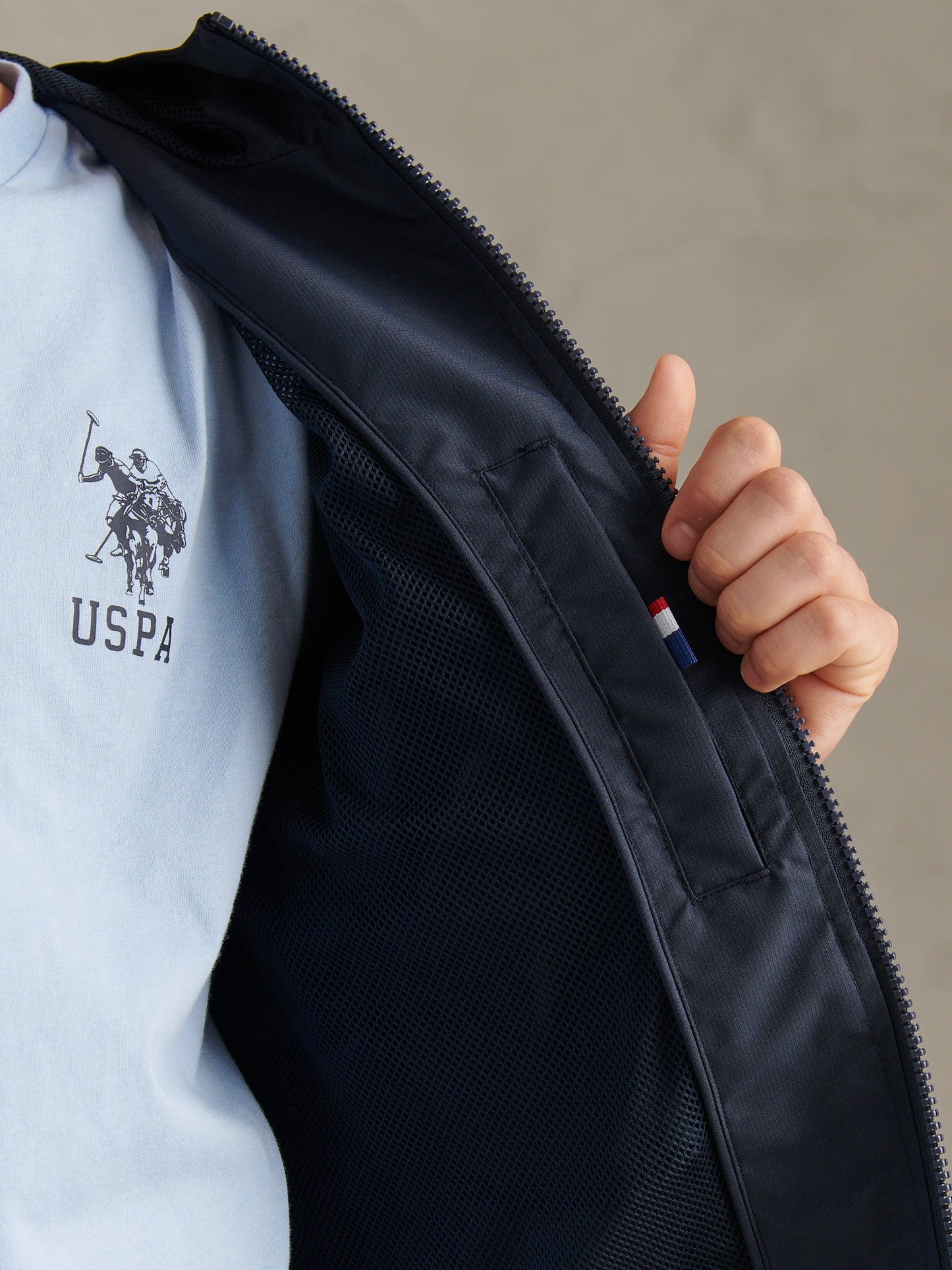 Boys Mesh Lined Hooded Windbreaker Dark Sapphire Navy / Haute Red DHM