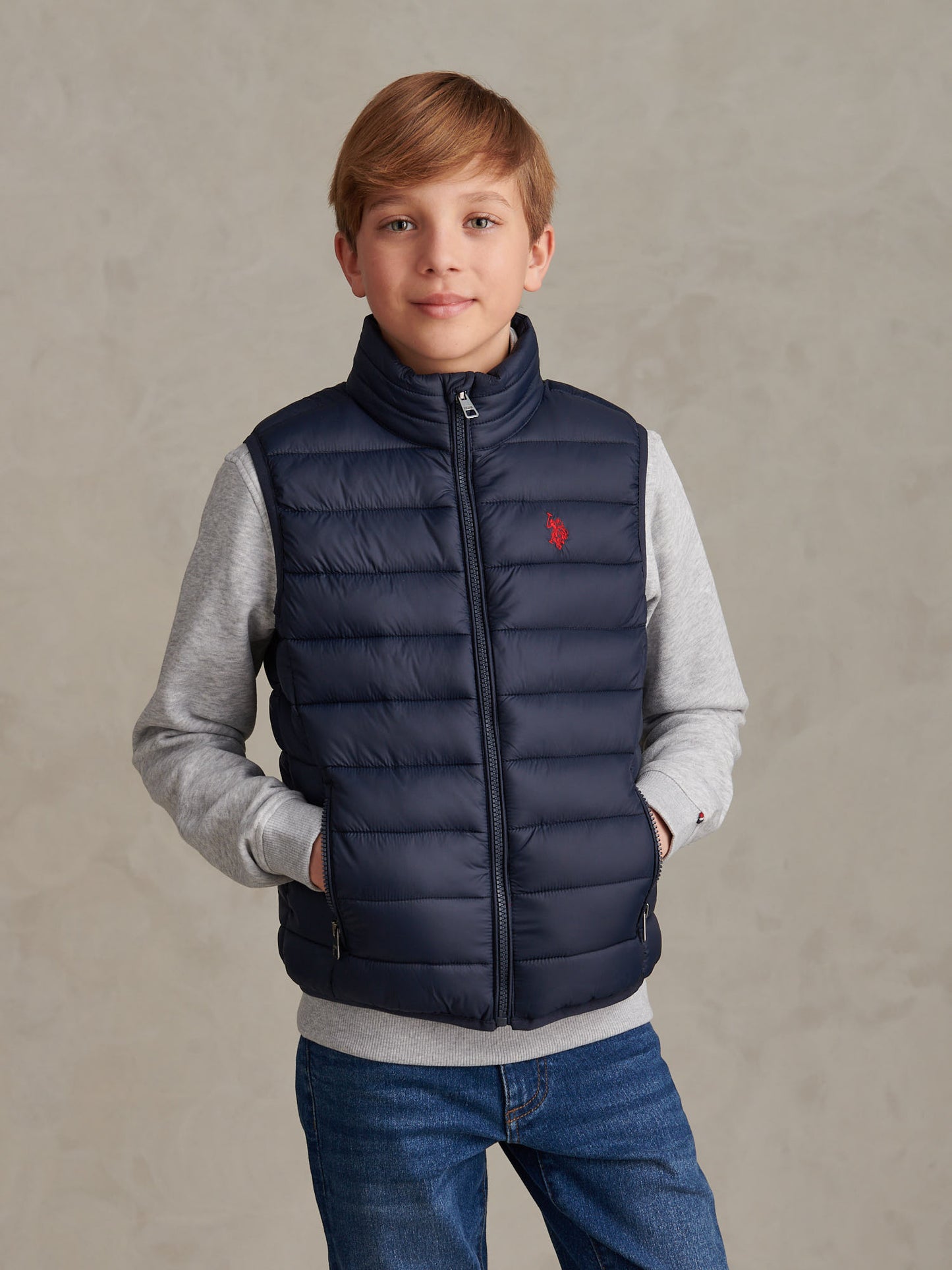 Boys Lightweight Quilted Gilet Dark Sapphire Navy / Haute Red DHM