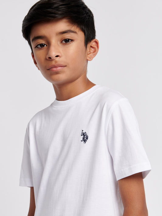 Boys Texture Double Horsemen T-Shirt in White / Dark Sapphire Navy DHM