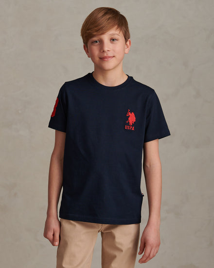 Boys Player 3 T-Shirt in Dark Sapphire Navy / Haute Red DHM