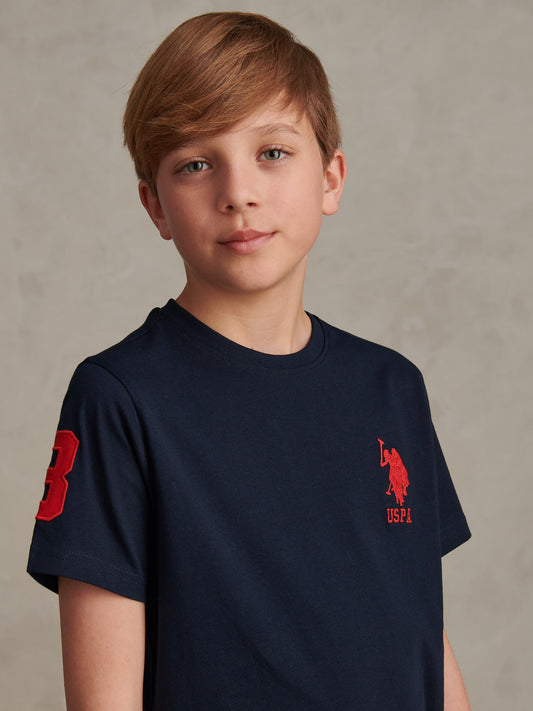 Boys Player 3 T-Shirt in Dark Sapphire Navy / Haute Red DHM