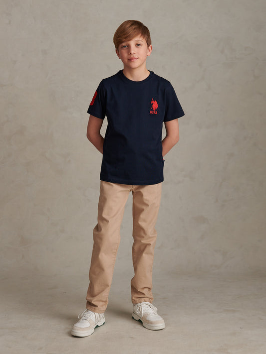 Boys Player 3 T-Shirt in Dark Sapphire Navy / Haute Red DHM