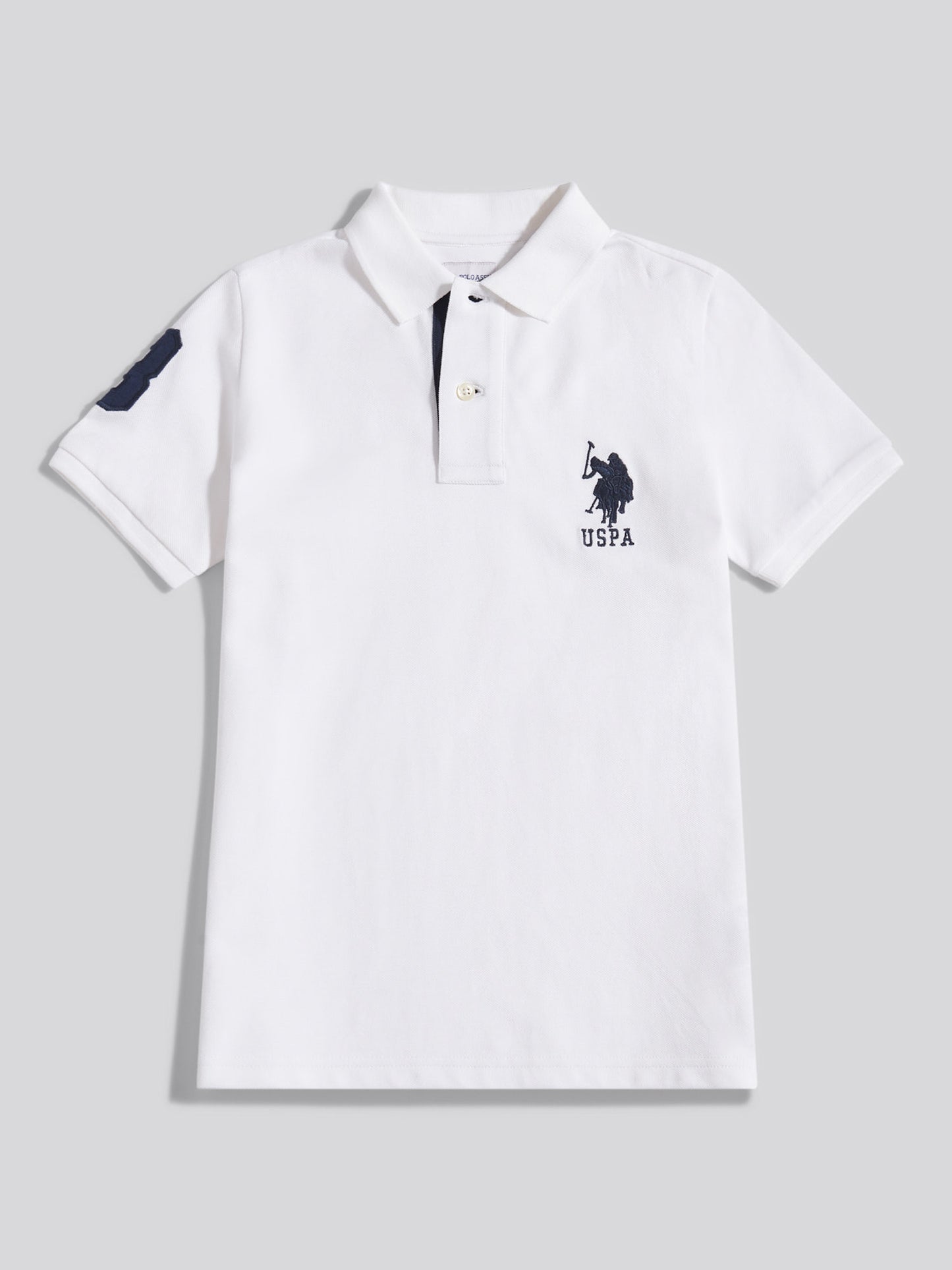 Boys Player 3 Polo Shirt in White / Dark Sapphire Navy DHM
