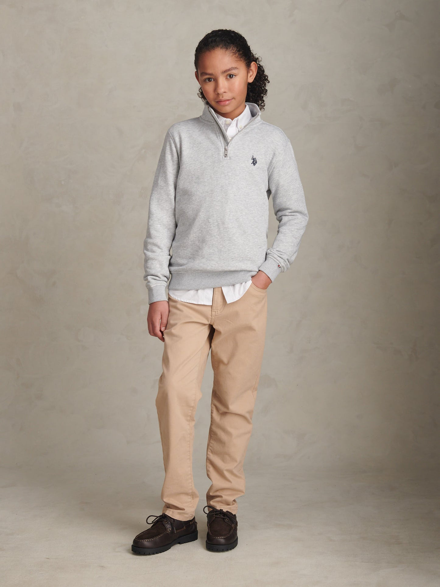 Boys Double Horsemen ¼ Zip in Mid Grey Marl