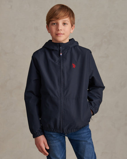 Boys Fleece Lined Windbreaker Jacket Dark Sapphire Navy / Haute Red DHM