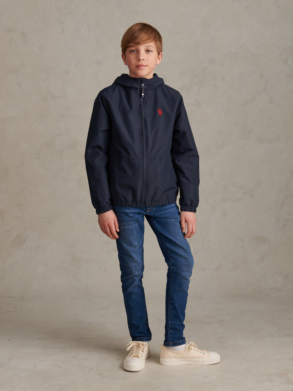 Boys Fleece Lined Windbreaker Jacket Dark Sapphire Navy / Haute Red DHM