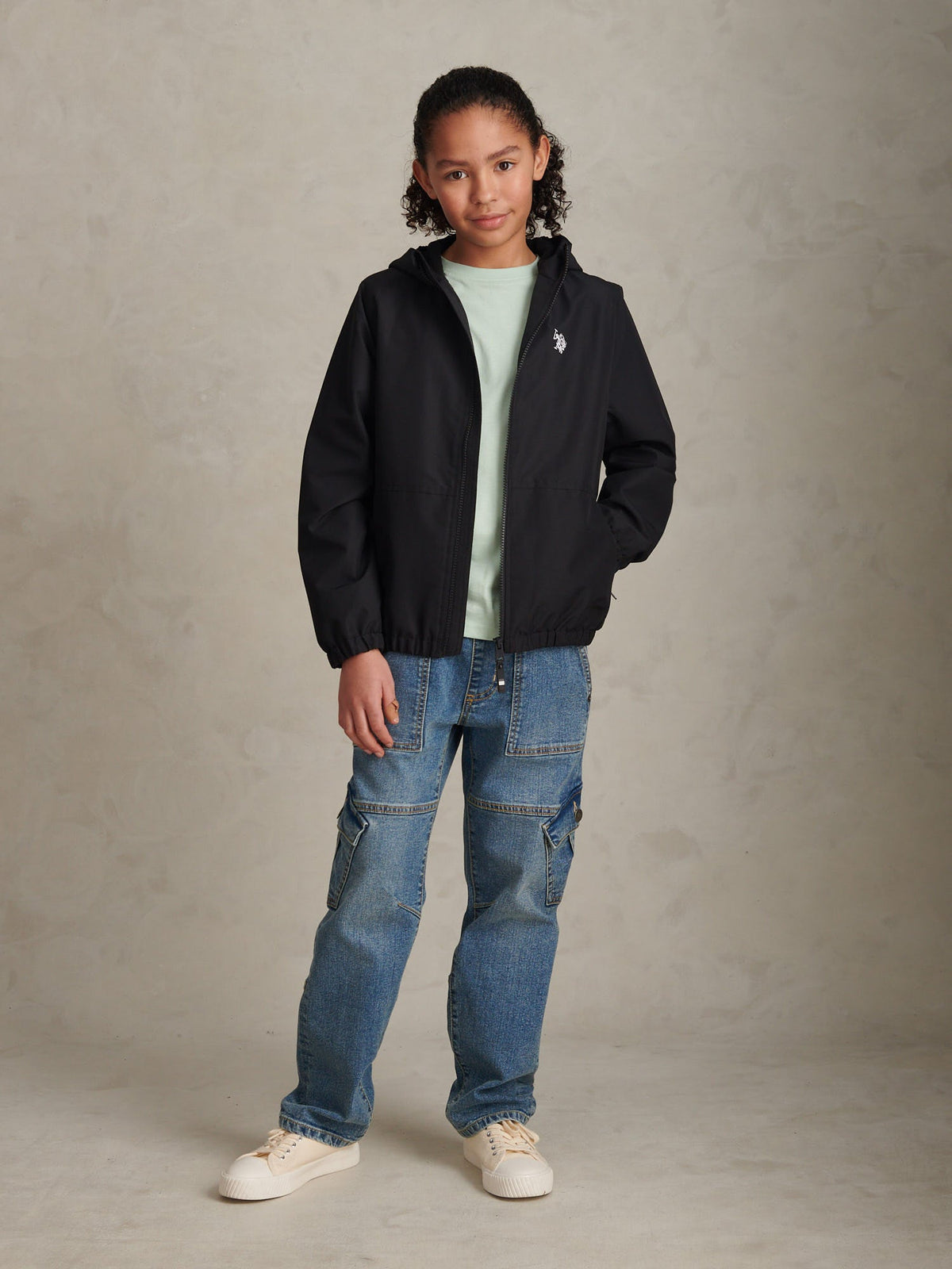 Boys Fleece Lined Windbreaker Jacket Black Bright White DHM