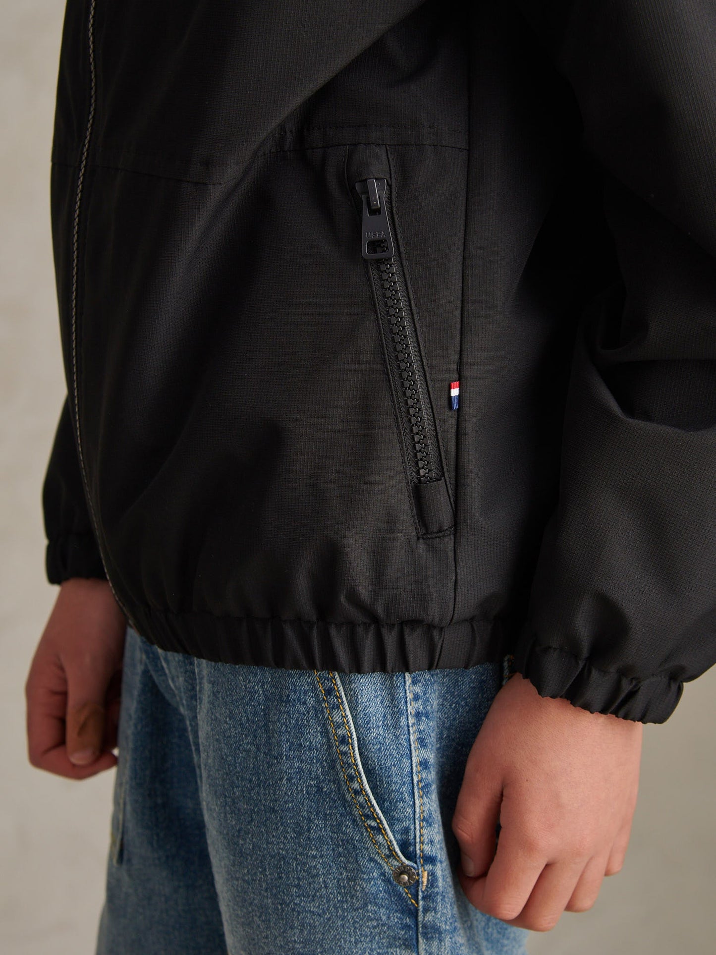 Boys Fleece Lined Windbreaker Jacket Black Bright White DHM