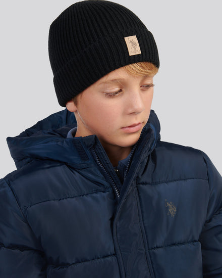 Boys Signature Double Horsemen Knit Beanie in Black