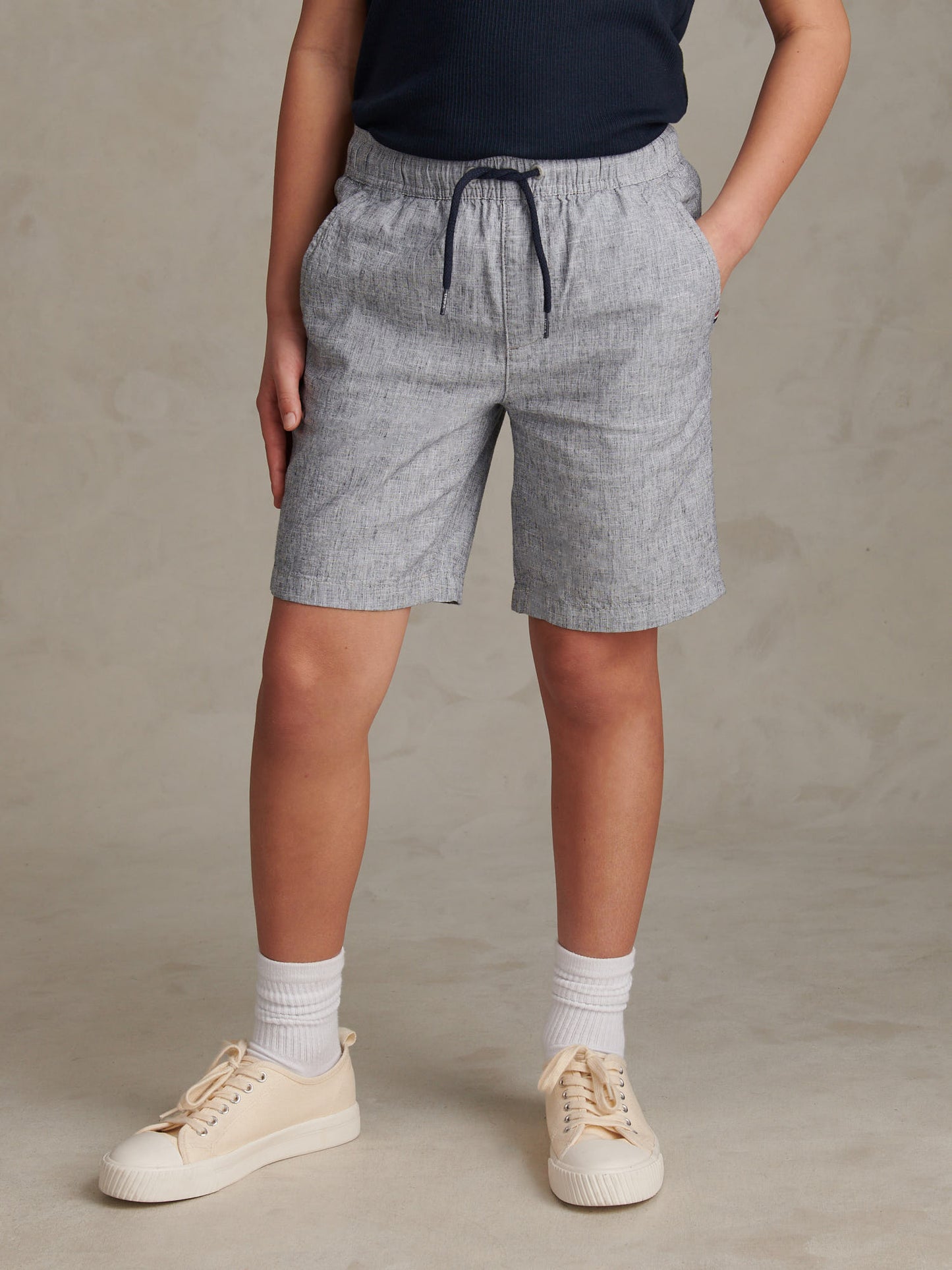 Boys Linen Blend Yarn Dyed Drawstring Short in Dark Sapphire Navy / Moonlight Blue DHM