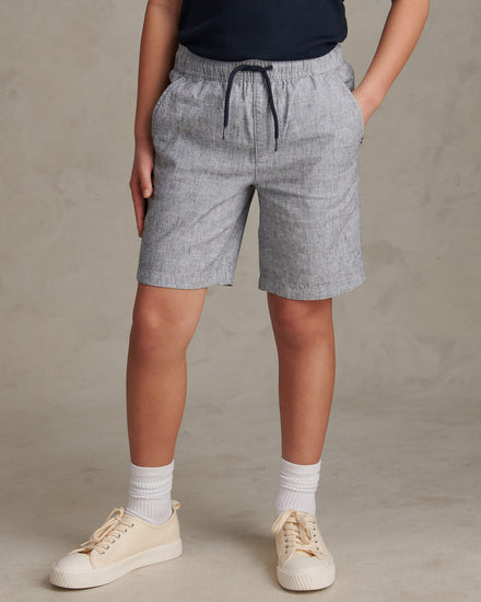 Boys Linen Blend Yarn Dyed Drawstring Short in Dark Sapphire Navy / Moonlight Blue DHM