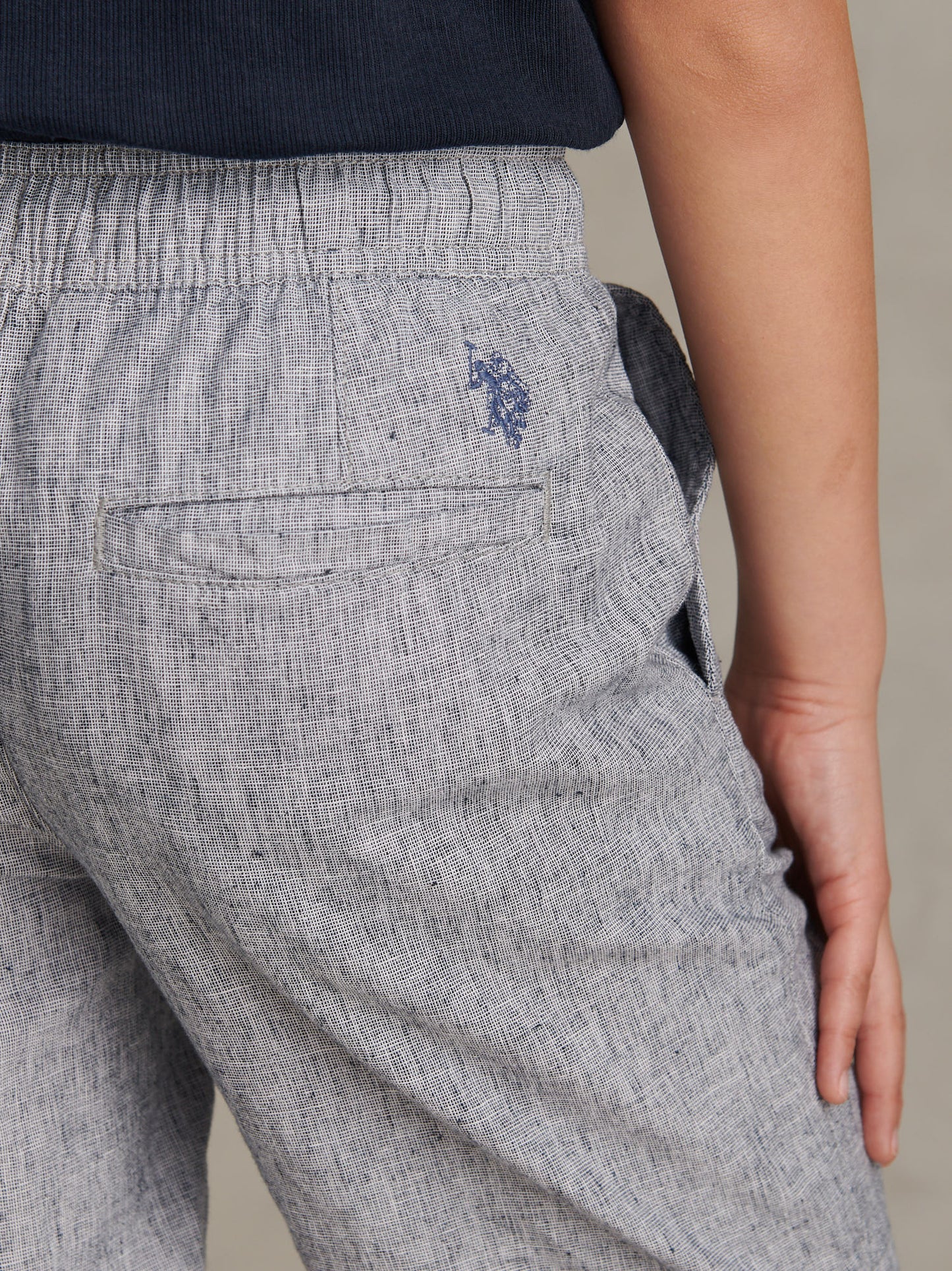 Boys Linen Blend Yarn Dyed Drawstring Short in Dark Sapphire Navy / Moonlight Blue DHM