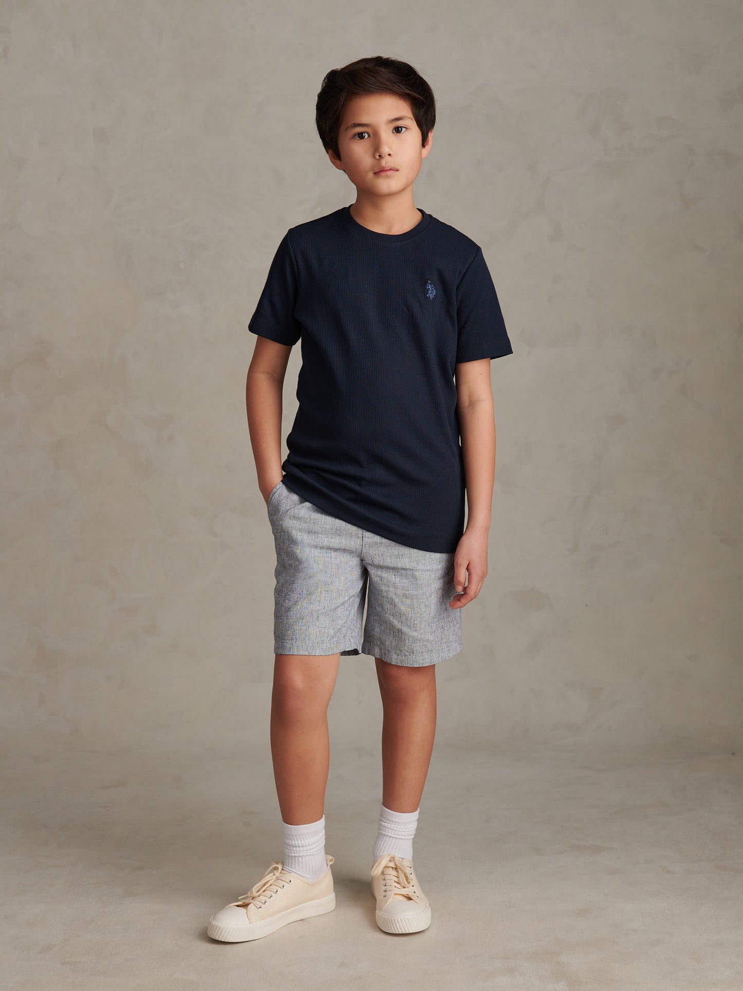 Boys Linen Blend Yarn Dyed Drawstring Short in Dark Sapphire Navy / Moonlight Blue DHM