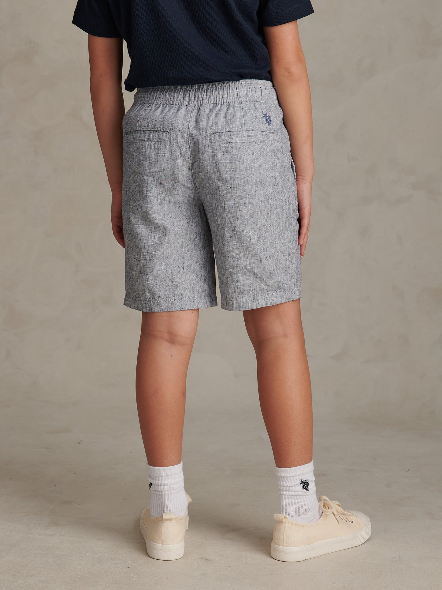 Boys Linen Blend Yarn Dyed Drawstring Short in Dark Sapphire Navy / Moonlight Blue DHM