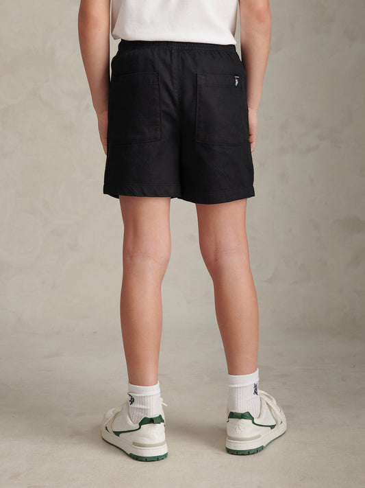 Boys Cotton Twill Drawstring Short in Black